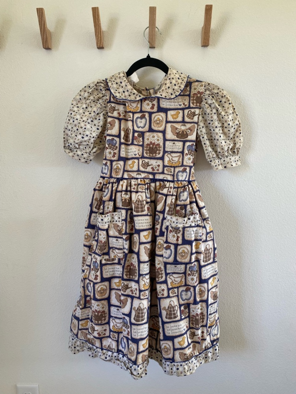 Vintage Country Dress Puff Sleeves Peter Pan Collar Pockets 8-10 year